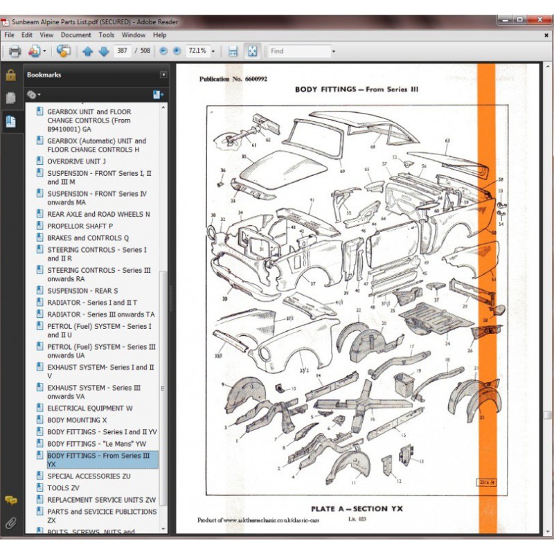 Sunbeam Alpine Parts List 6600992 & Tiger 260-289 Supplement 6601334 CD